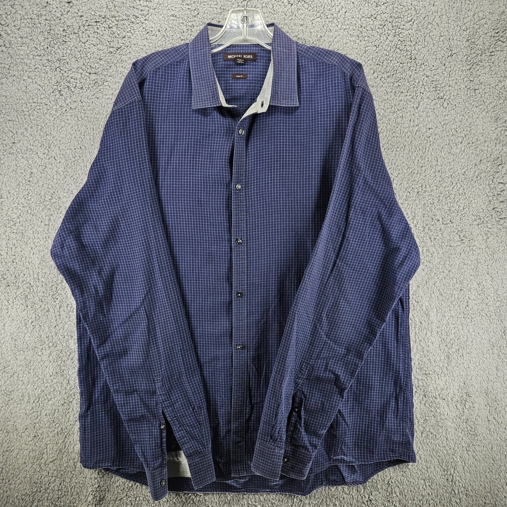 Michael Kors Mens XXL Slim Fit Navy Blue Check Long Sleeve Button Down Shirt